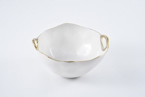 Large Round White Bowl with Gold Handles
