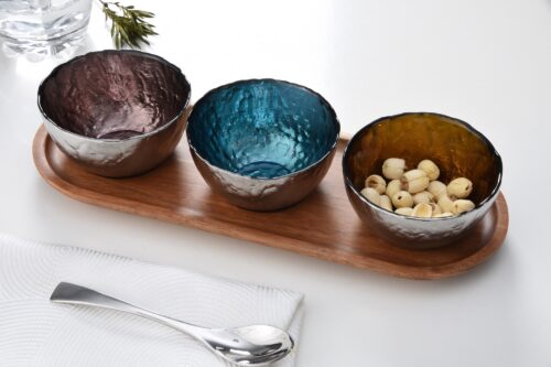 Accessories-Set Of 3 Colored Glass Bowls & Tray