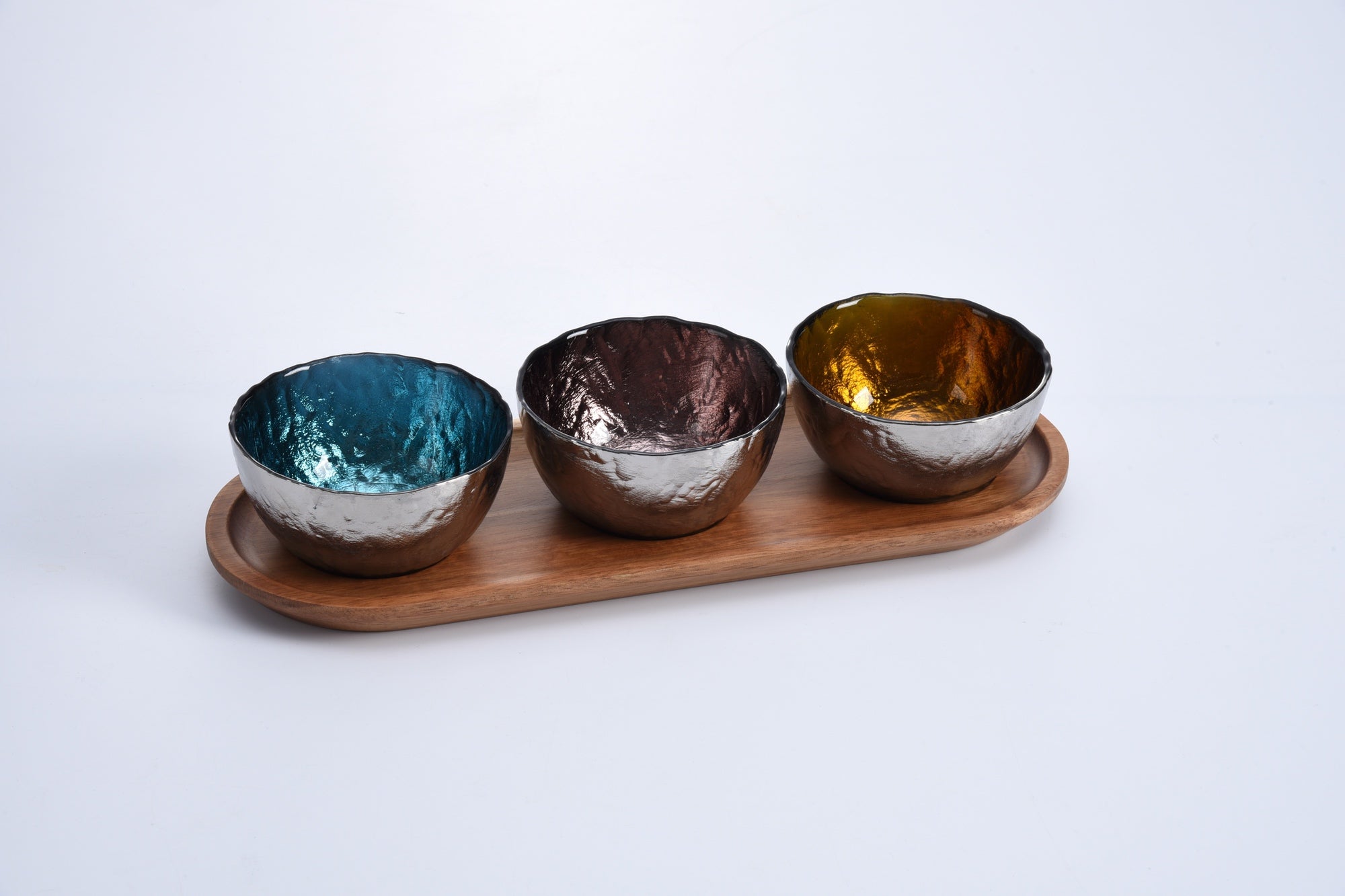 Accessories-Set Of 3 Colored Glass Bowls & Tray