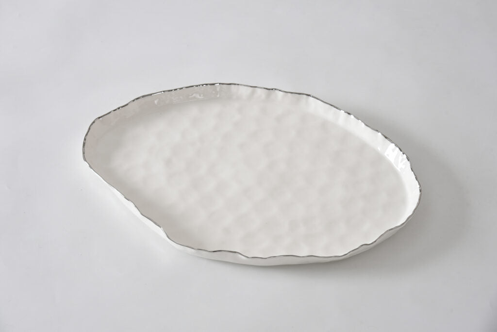 Large White Oval Platter with Silver Trim by Pampa Bay