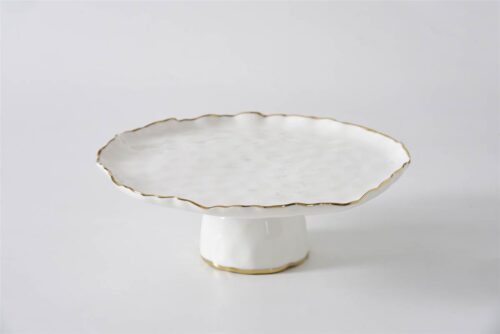 Portofina Round White Cake Plate with Gold Trim