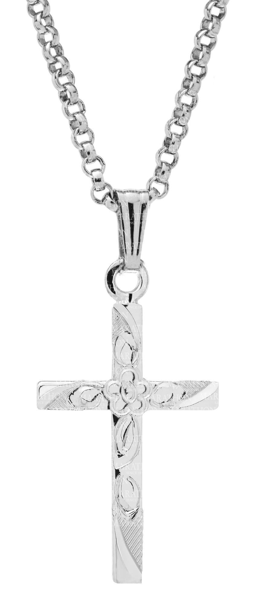 Adult Sterling Silver Cross with Flower Engraving